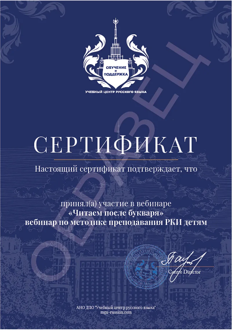 Образец сертификата участника вебинара Читаем после букваря