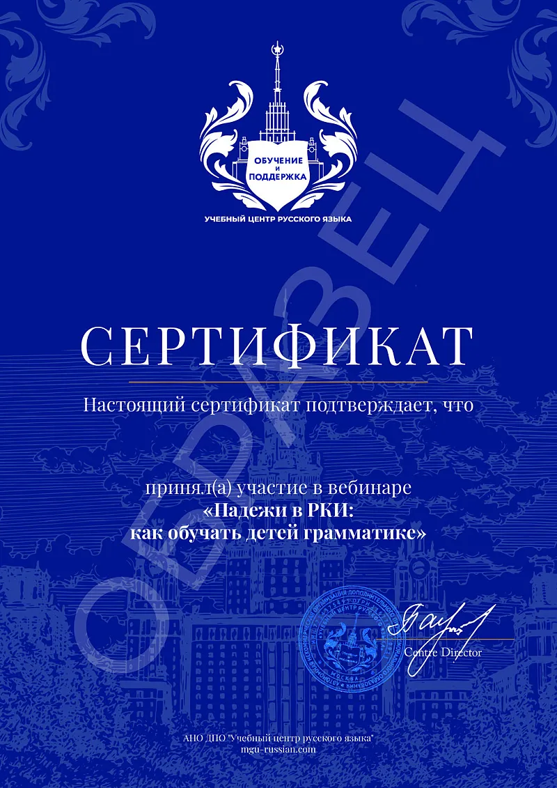Образец сертификата участника вебинара Падежи в РКИ