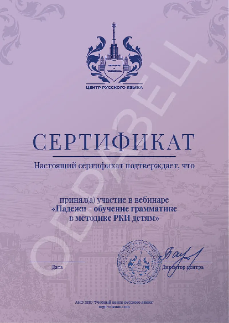 сертификат участника вебинара Падежи РКИ