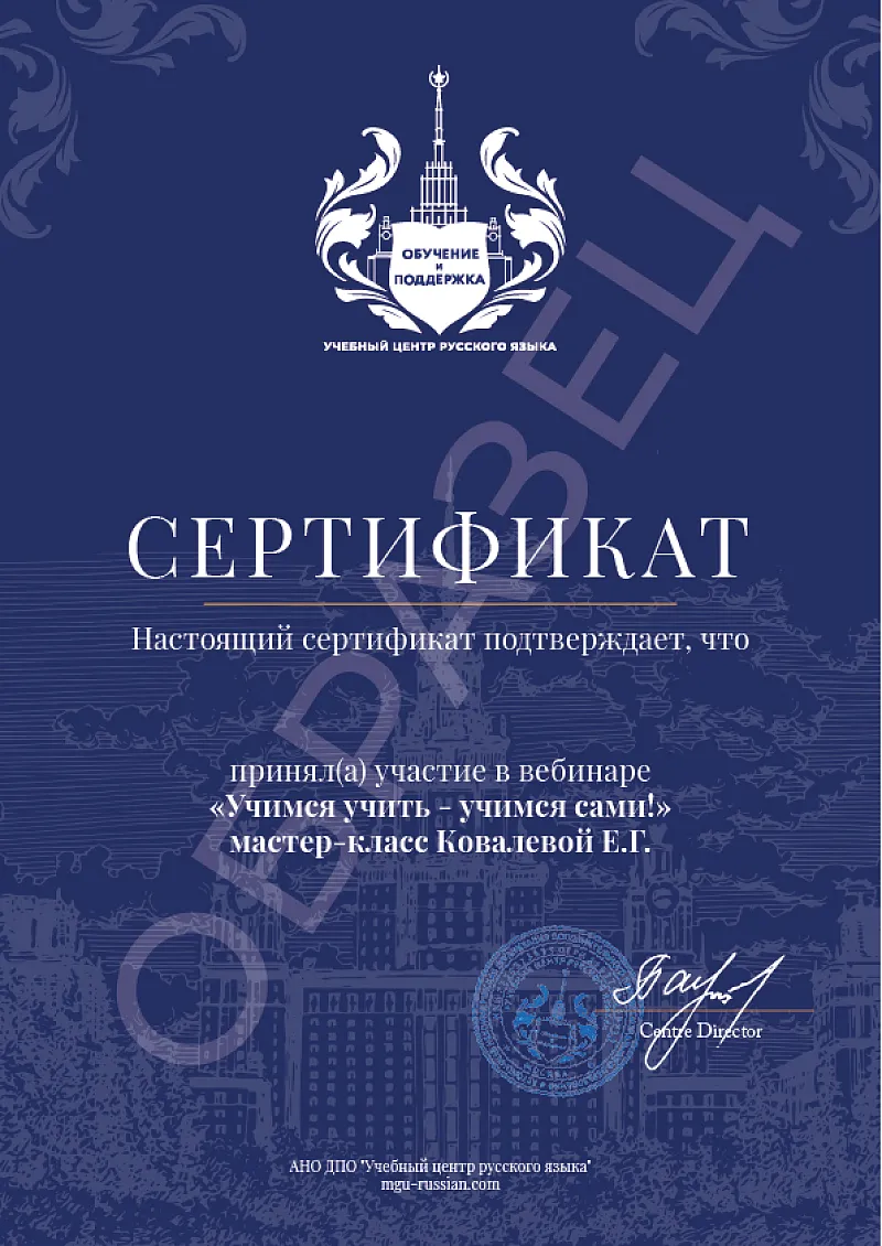 пример сертификата участника вебинара Учимся учить - учимся сами
